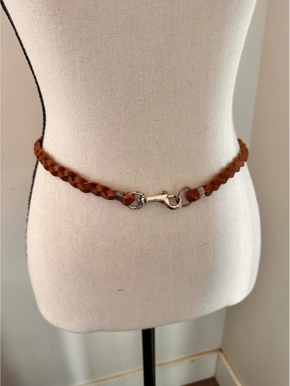 Vintage Brown Braided Leather Belt with Silver Clasp, 32 Inches